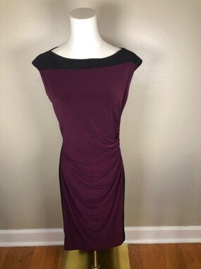 Lauren Ralph Lauren Purple Black ColorBlock Ruched Waist Cap Sleeve Dress Sz 14P